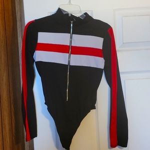 Black, red and white long sleeve bodysuit